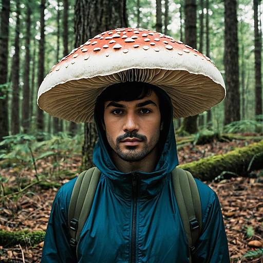 Man Wearing Mushroom Cap Hat in Forest