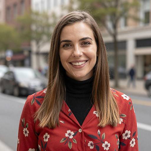 Smiling Woman in Urban Floral Outfit