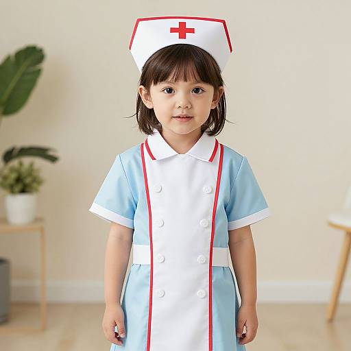 Photograph of a young Asian girl with straight black hair, wearing a blue and white nurse costume with red trim and cross hat, standing in a bright