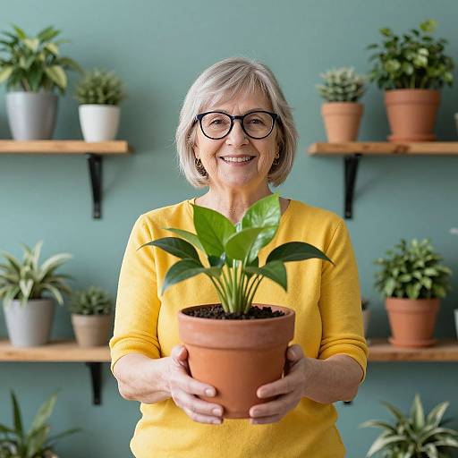 Photograph of an elderly woman with short gray hair, black glasses, and a yellow sweater, smiling while holding a potted plant against a teal wall