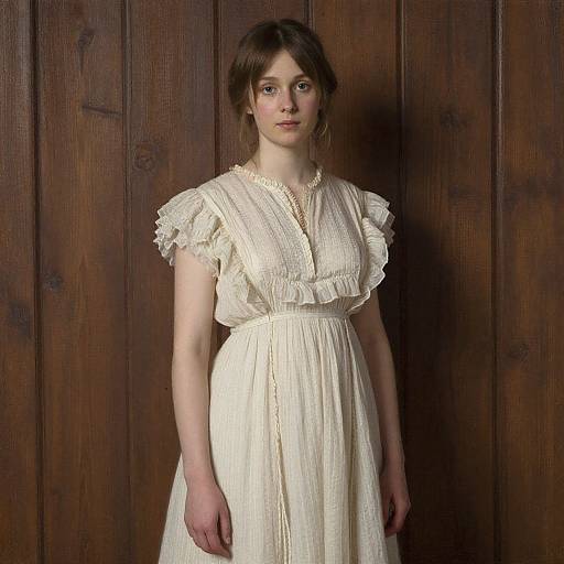 Photograph of a fair-skinned young woman with brown hair in a loose bun, wearing a cream, ruffled, Victorian-style dress, standing against