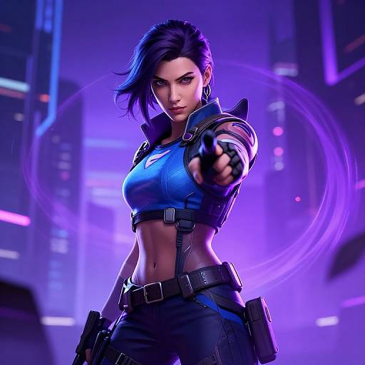 Digital CGI artwork of a fierce, blue-eyed, black-haired woman in a blue crop top and black tactical gear, pointing a gun forward in a neon