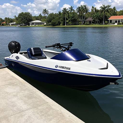 Photograph of a white and blue Yamaha jet ski docked by a calm lake, with palm trees and houses in the background.