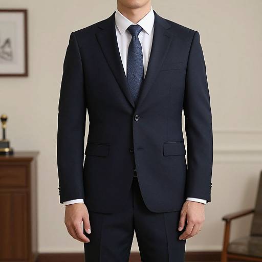 Photograph of a man in a black suit, white shirt, and navy tie, standing in a formal office with a framed picture and wooden furniture in