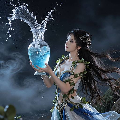 Fantasy photograph of a long-haired woman with vine-adorned white and blue dress, holding glowing blue water vase, splashing water. Dark,