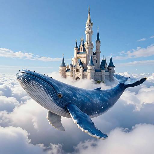 Photorealistic digital art: large blue whale with white speckles flies through fluffy clouds toward a majestic, white, castle-topped tower in a