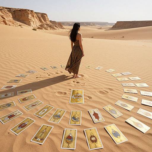 Photograph of a woman with long black hair, bare-shouldered, standing in a desert, surrounded by colorful Tarot cards spread on the sand