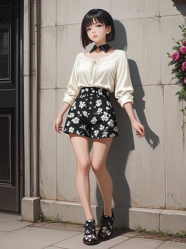 Photograph of an East Asian woman with short black hair, wearing a white blouse, black floral skirt, and black sneakers, standing against a gray stone
