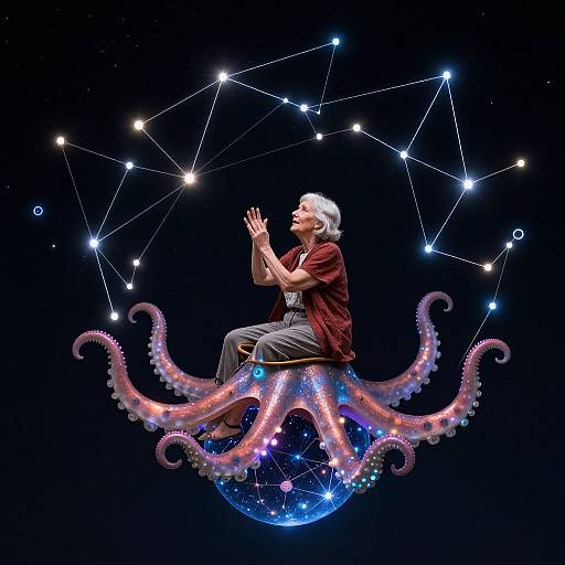Photograph of a white-haired man in a red shirt, sitting on a glowing, multicolored octopus, against a starry night sky with