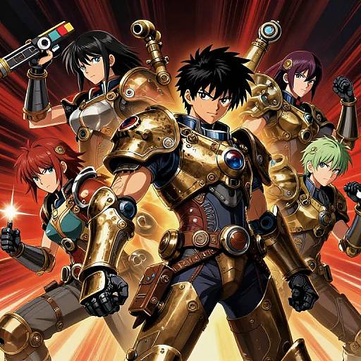 Anime-style digital illustration of five fierce characters with black, red, and green hair, wearing shiny gold cyber-armor, pointing guns, against a dynamic
