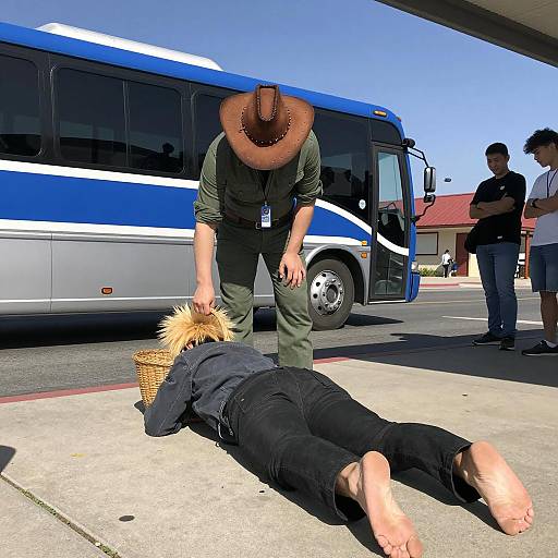 Unique Bus Stop Encounter Under Blue Sky