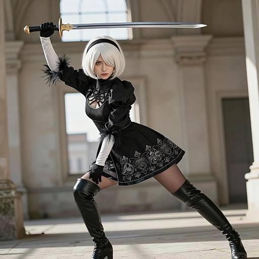 Cosplayer in Black Dress with Sword