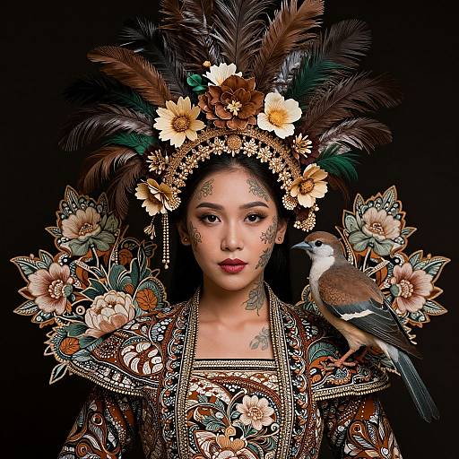 Photograph of an Asian woman with intricate floral and feathered headdress, tattoos, and ornate dress, holding a brown and white bird. Black