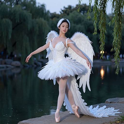 Photograph of an Asian ballerina with white angel wings and tutu, dancing on a lake's edge at dusk, surrounded by trees.