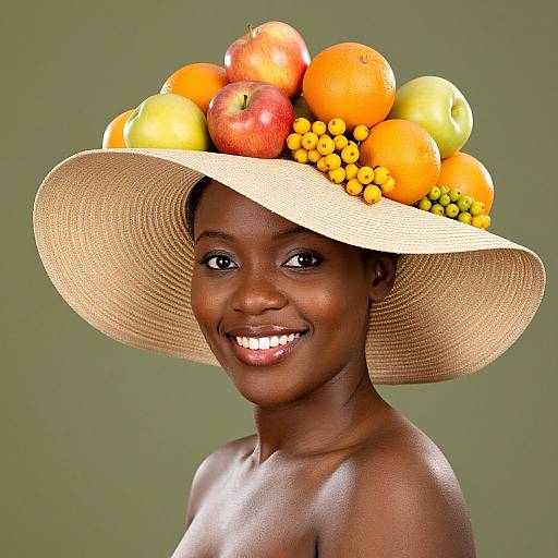 Photograph of a smiling dark-skinned woman wearing a large straw hat adorned with various fruits, including apples, oranges, and grapes, against a green