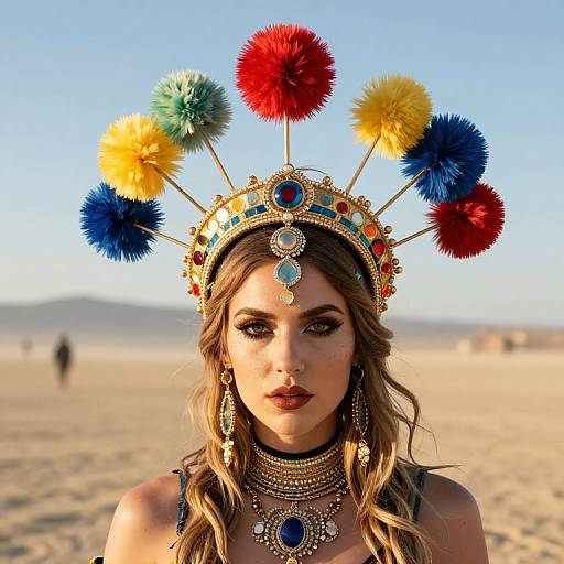 Photograph of a woman with wavy brown hair, wearing a colorful, pom-pom adorned golden crown, elaborate necklaces, and earrings, standing