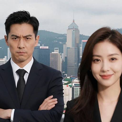 Serious Businessman and Smiling Businesswoman with Cityscape