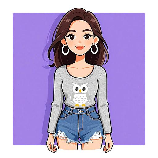 Digital illustration of a smiling young woman with medium skin, brown hair, wearing a white owl shirt, high-waisted denim shorts, and white hoop