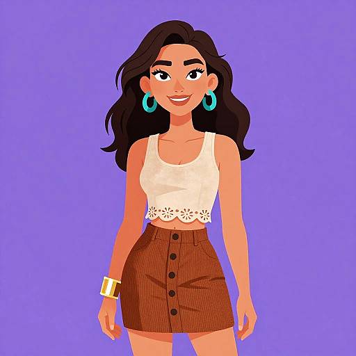 Digital illustration of a smiling woman with long black hair, wearing a white lace crop top, brown buttoned skirt, blue hoop earrings, and gold bracelet