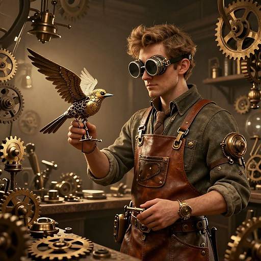 Steampunk inventor in brown leather apron, goggles, and wristwatch, holds a golden bird with outspread wings amidst intricate gearwork.
