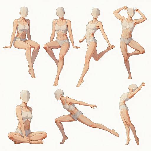 Digital illustration of a faceless, white-haired female figure in white lingerie, posed in various yoga-like positions against a white background.