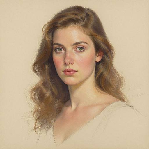 Digital portrait of a young woman with wavy brown hair, fair skin, and green eyes, wearing a white v-neck shirt, against a plain beige