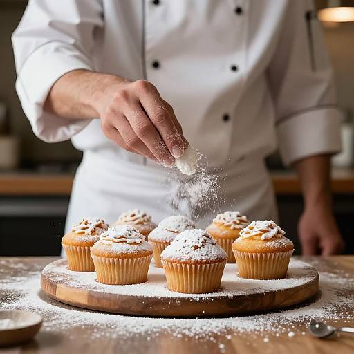 Photograph of a chef's hand dusting powdered sugar over six topped cupcakes on a wooden board in a dimly lit kitchen.
