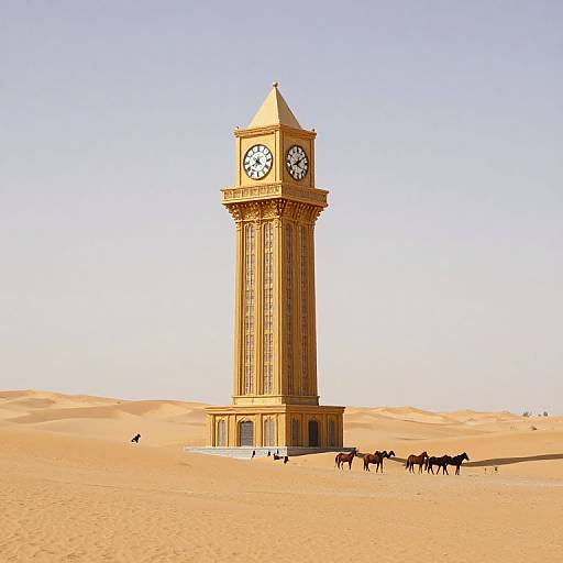 Photorealistic CGI of a tall, golden clock tower in a vast, sunlit desert with a small herd of black horses and a single bird flying