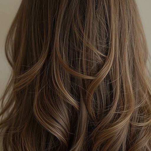 Close-up photograph of wavy, dark brown hair with subtle blonde highlights, showing detailed texture and natural shine against a soft, light background.