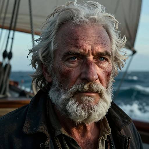 Photograph of a weathered, gray-bearded older man with deep wrinkles and blue eyes, wearing a dark jacket, standing on a ship at sea