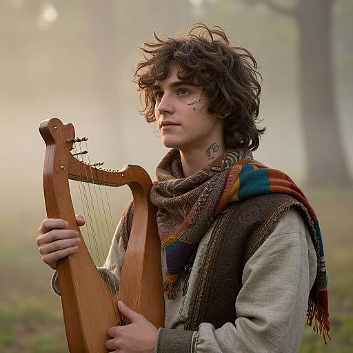 Photograph of a young man with curly brown hair, playing a wooden harp in a misty forest, wearing a plaid scarf and beige shirt