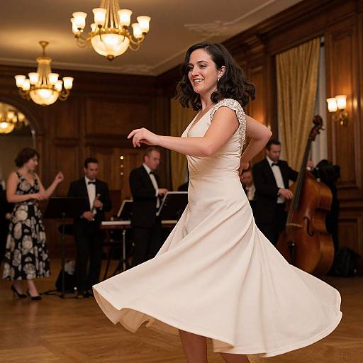 Photograph of a smiling woman with dark hair in a white, sleeveless, knee-length dress dancing in a warmly lit, elegant ballroom with musicians