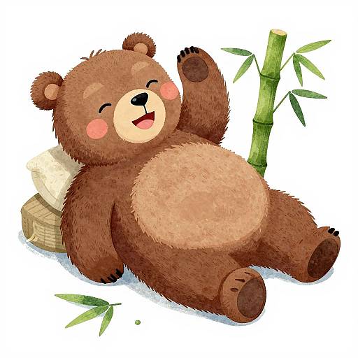 Cute digital illustration of a happy brown teddy bear with blushed cheeks, lying down with arms raised, against bamboo and a log.