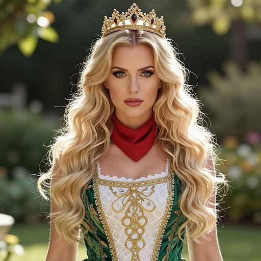 Photograph of a blonde woman with long, wavy hair, wearing a gold crown, green and white lace corset, red scarf, and standing