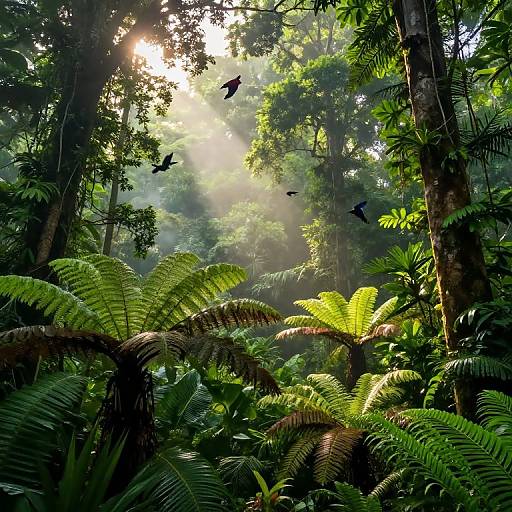 Photograph of a lush, sunlit tropical forest with sunlight filtering through dense foliage, ferns in the foreground, and several black birds flying in the