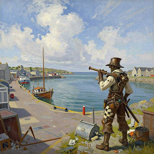 Digital painting of a steampunk soldier with rifle, brown leather gear, and hat, standing on a rocky harbor pier, overlooking a calm blue sea