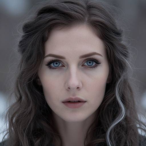 Close-up photograph of a pale-skinned woman with striking blue eyes, long wavy brown hair with silver highlights, and subtle makeup, set against a