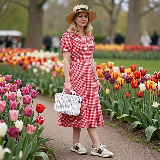Photograph of a blonde woman in a red checkered dress, straw hat, holding a white basket, walking through a vibrant tulip garden.