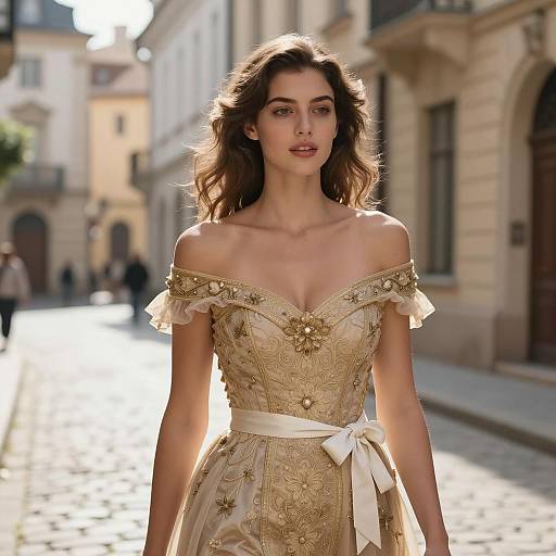 Elegant Young Woman in Sunlit Street