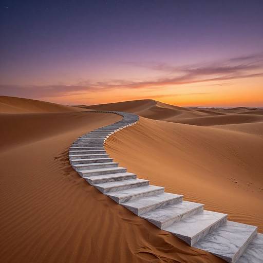 Photograph of a winding marble staircase in a vast, orange desert with a purple and orange sunset sky in the background.