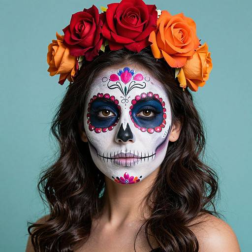 Photograph of a woman with white sugar skull makeup, dark blue eye sockets, red and orange flower crown, against a turquoise background.