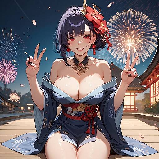 Anime Girl Enjoying Fireworks in Kimono