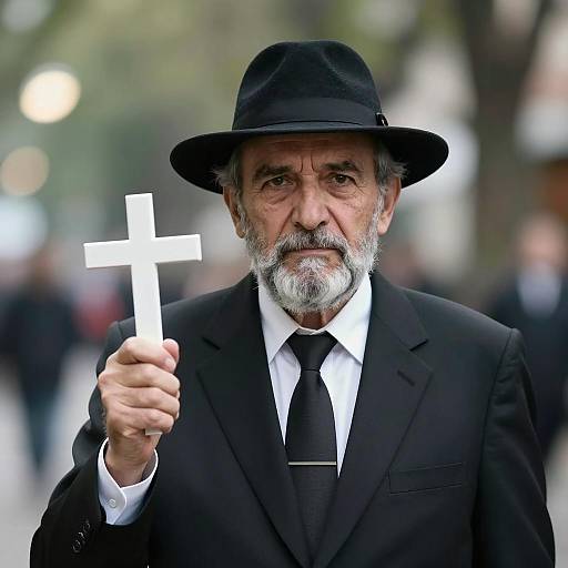 Grim Elder with Cross in Bokeh Background