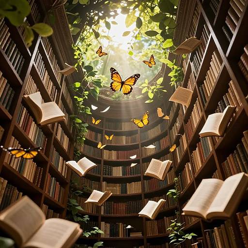 Photograph-like digital art: Sunlit library with floating open books and vibrant orange butterflies amidst leafy vines, surrounded by towering bookshelves.