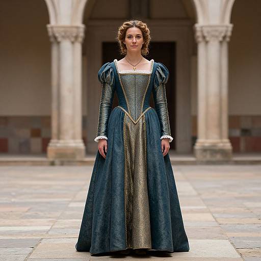 Photograph of a woman with curly brown hair in an elaborate Renaissance-style blue and gold gown, standing in an architectural courtyard with arched columns.