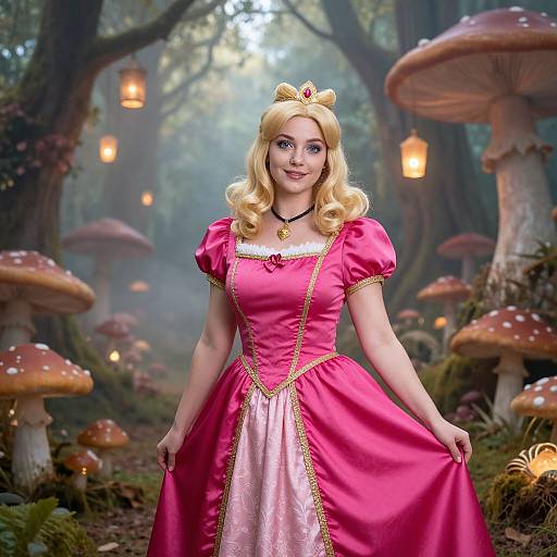 Blonde princess in pink satin dress with gold trim, standing in enchanted forest with glowing mushrooms and lanterns. Digital art.