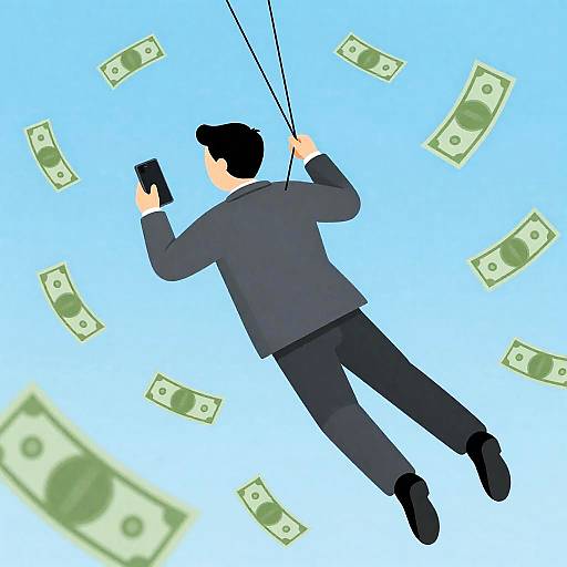 Flying Man in Suit with Money and Phone