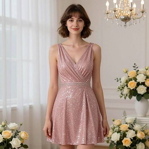 Woman in Sparkly Pink V-Neck Dress