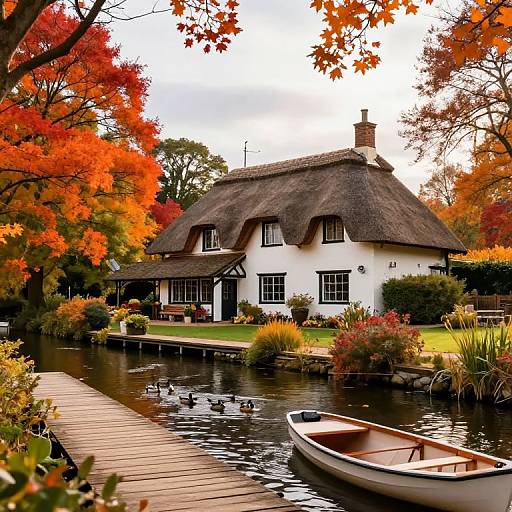 Photograph of a charming white thatched cottage with a dark roof, surrounded by vibrant autumn foliage, beside a tranquil pond with ducks, a wooden dock