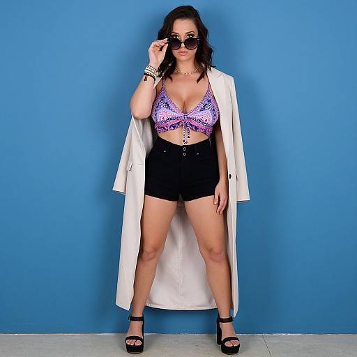 Photograph of a woman with wavy dark hair, wearing sunglasses, white lab coat, purple patterned bralette, black high-waisted shorts